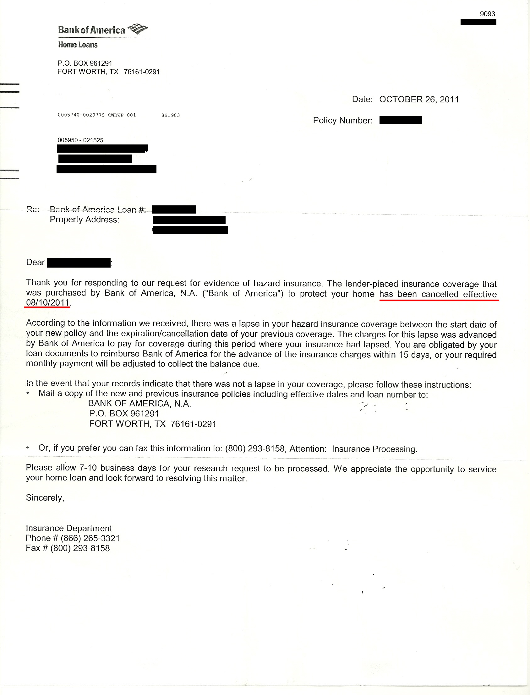 Proof of Lender-Placed Insurance cancelled for 2011-2012
